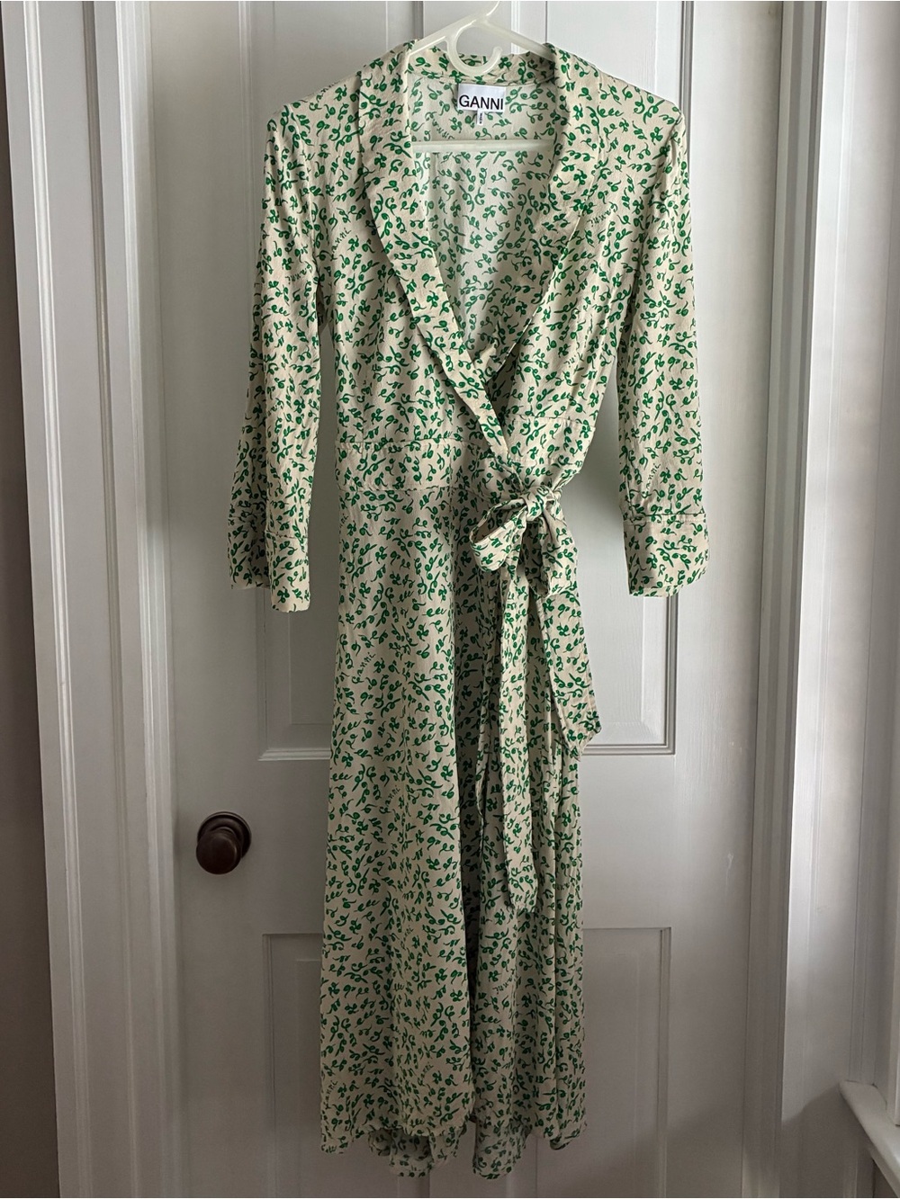 Ganni Cream Wrap Dress with Green Floral Print, Size 36